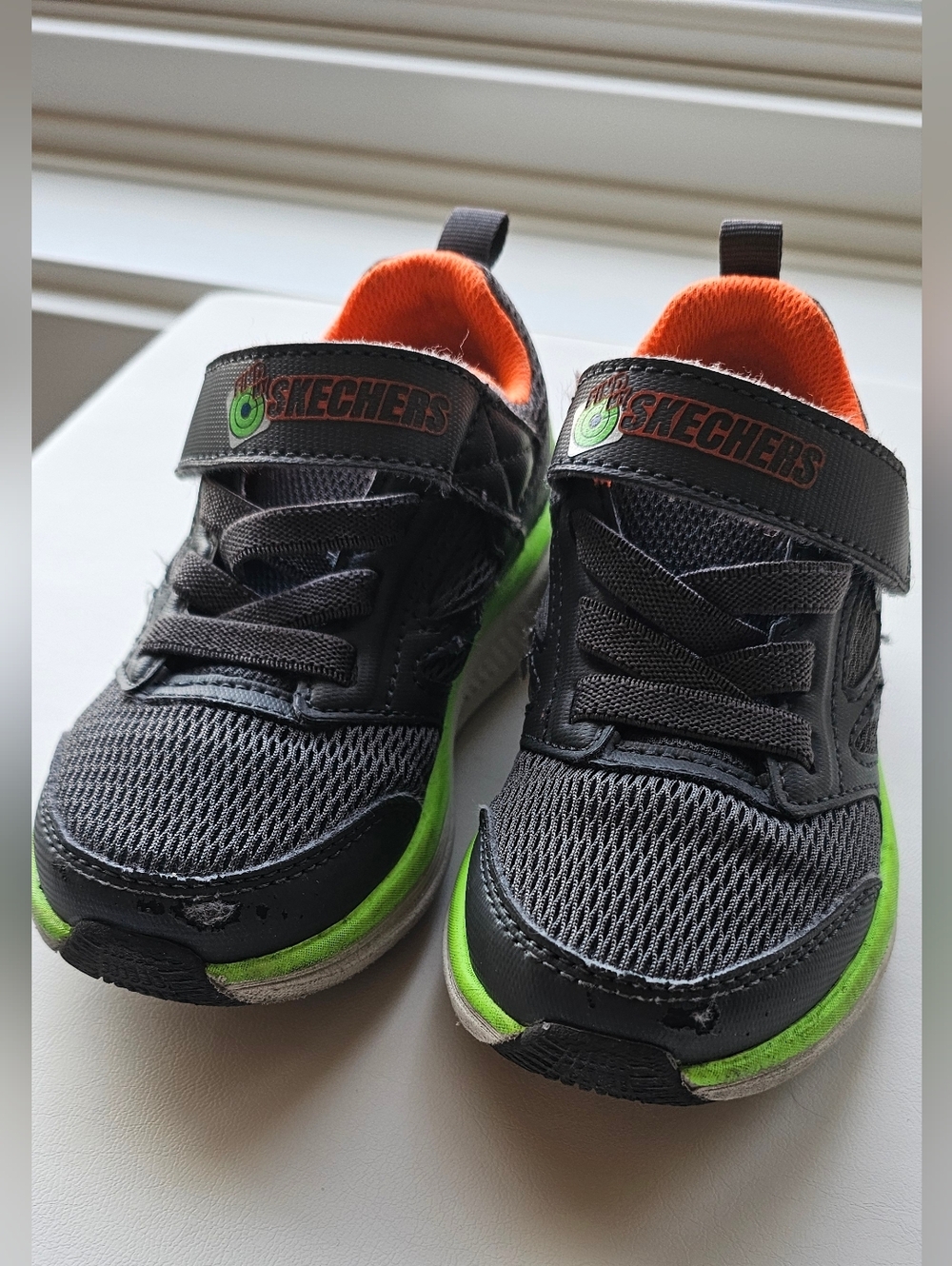 Skechers Kids Gray Sneakers with Neon Green & Orange Trim Toddler 9